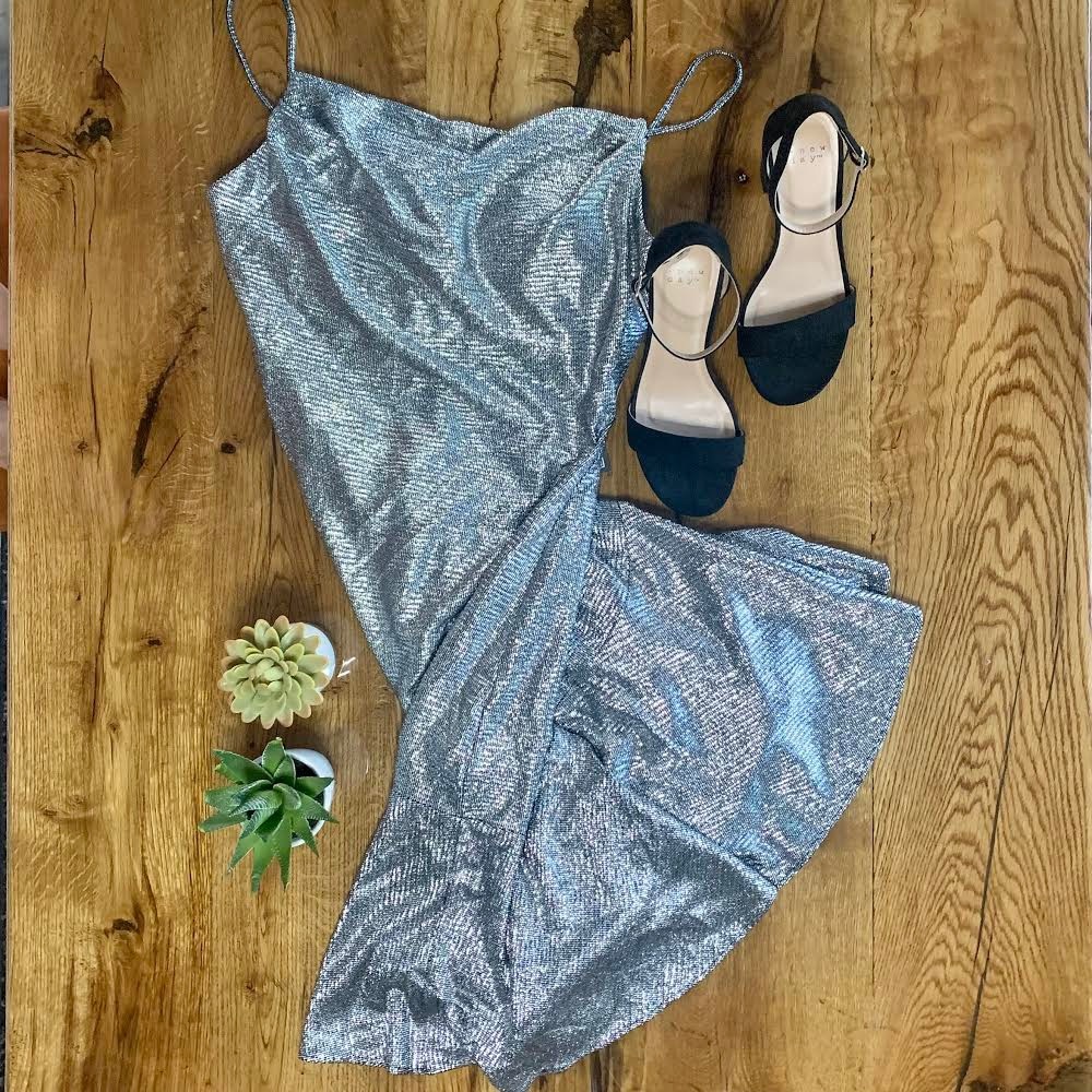 Nightway Women’s Silver Midi Flounce Dress | 4